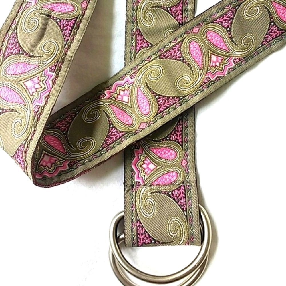 Fabric Paisley Print 1.5" Fuscia & Gold Pattern Embroidered Adjustable Belt 40" - Picture 2 of 6